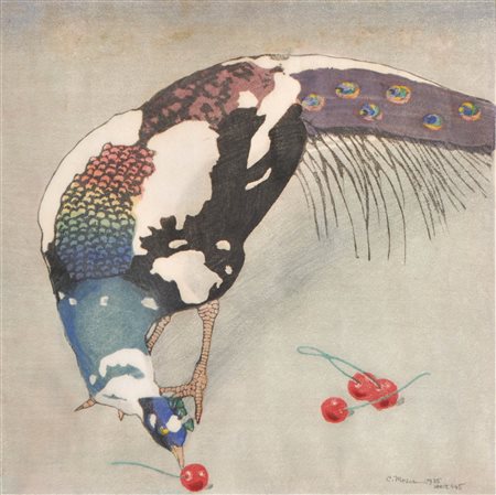 Carl Moser (Bozen/Bolzano 1873 - 1939) Pavone con le macchie bianche con...