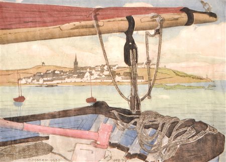 Carl Moser (Bozen/Bolzano 1873 - 1939) Villaggio bretone visto da una nave,...