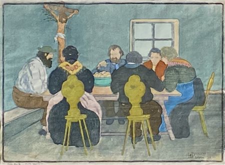 Karl Pferschy Stube tirolese, 1912;Xilografia a colori, 33,5 x 42 cm...