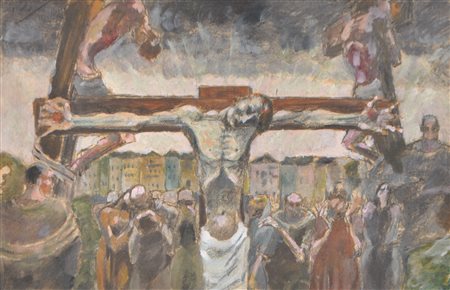 Hans Piffrader Crocifissione davanti alla facciata di una casa;Tecnica mista...