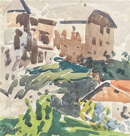 Josef Telfner Case nella Valle Isarco;Acquerello, 24 x 23,4 cm, in cornice Firma