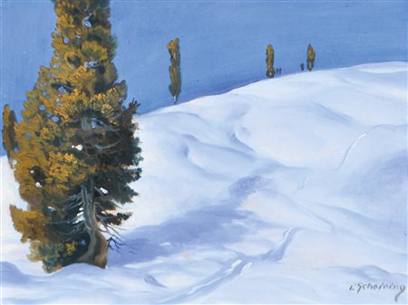 Leopold Scheiring (Nassereith 1884 - 1927) Paesaggio invernale tirolese;Olio...