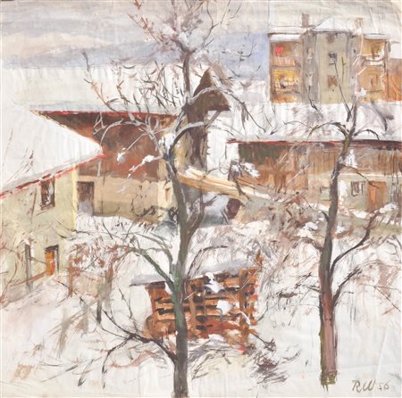 Raimund Wörle Case a Innsbruck-Pradl in inverno, 1956;Guazzo, 58,5 x 59,5 cm...