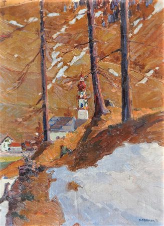 Hans Kramer Villaggio tirolese durante il disgelo, 1912;Olio su tela, 70 x 50...