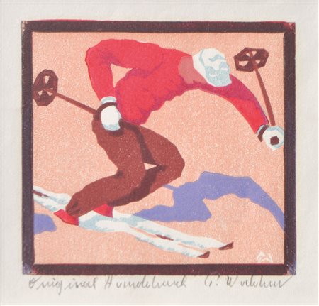 Peter Waldner Durante la discesa;Linoleografia, 13,8 x 14,3 cm (lastra), in...