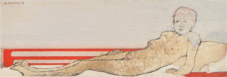 Karl Plattner Nudo sdraiato, 1973;Tecnica mista su pergamena su legno, 9,5 x...
