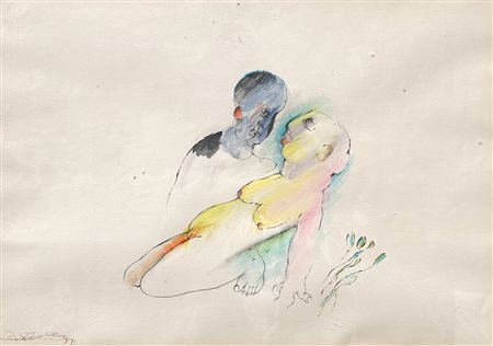 Oswald Oberhuber Coppia, 1982;Matita e matite colorate, 37,5 x 52,5 cm, in...