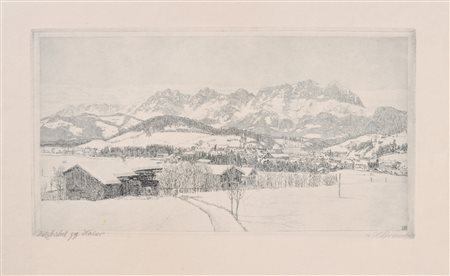 Hans Boresch Kitzbühel verso il Wilder Kaiser, 1927;Acquaforte, 17 x 31,5 cm...