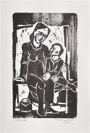 Karl Grasser (Kortsch/Corces 1923 - 2022) Madre con bambino, 1982;Xilografia,...