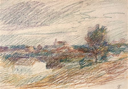 Ignaz Stolz Paesaggio pianeggiante con città, 1910/20 ca.;Matite colorate,...
