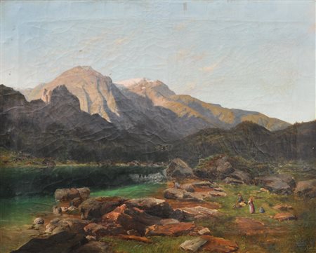 Alois Tott (Wien/Vienna 1870 - 1939) Paesaggio alpino con lago, 1890;Olio su...