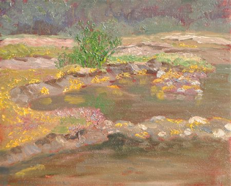 Lila Gruner Paesaggio fiorito con stagno;Olio su tavola, 25,7 x 31,7 cm