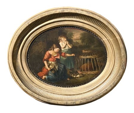 John Russell Nachfolge/seguace Ragazza che dà da mangiare alle galline;Olio...