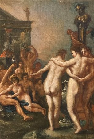 Maler um 1800/Pittore del 1800 ca. Bacchanale;Olio su tela su tavola, 26,6 x...