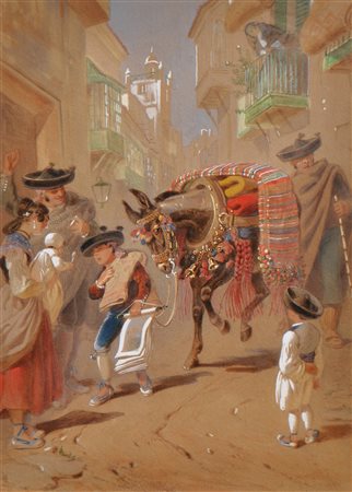 Carl Goebel (Wien/Vienna 1824 - 1899) Trambusto in una città spagnola,...