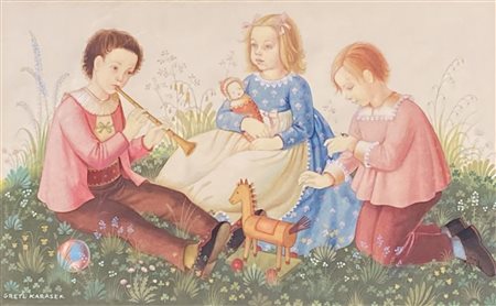 Gretl Karasek (Innsbruck 1910 - 1992) Tre bambini che giocano;Tempera su...