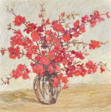 Edith Lutz-Romani Rami di cotogno in vaso;Olio su cartone, 48 x 48 cm Firma