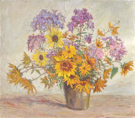 Edith Lutz-Romani Mazzo di fiori colorato;Olio su tela, 70 x 80 cm Firma