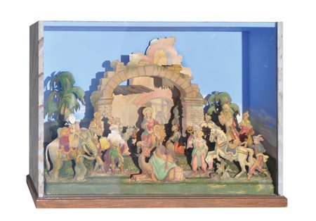 Anonym/Anonimo Presepe in carta, inizio XX secolo;Vetrina, 35,5 x 49 x 15,5 cm