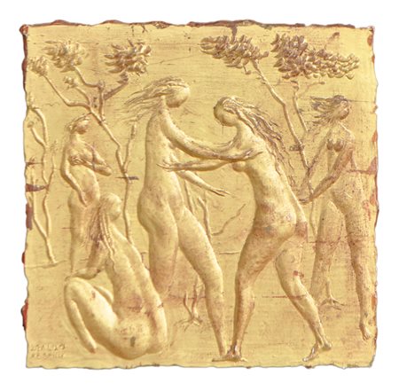 Eraldo Fozzer Bagnanti;Rilievo in gesso, dorato, 38,5 x 39 cm, in cornice Firma
