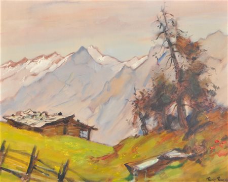Rolf Regele (Bozen/Bolzano 1899 - 1987) Paesaggio montano con fienile;Olio su...