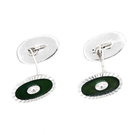 Gemelli in oro bianco 18 kt con fondo a smalto e quattro diamanti centrali
