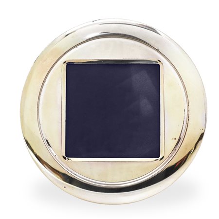 Cornice portafoto rotonda in lamina d'argento con vano portafoto quadrato