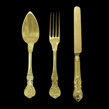 French Christofle - Antico servizio di posate da 12, placcato in oro, Early 1900s