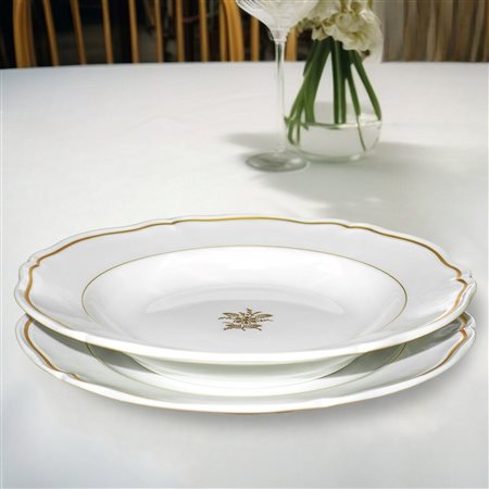 Richard Ginori - Servizio di piatti da 12 in porcellana bianca con bordo oro e fiore dorato