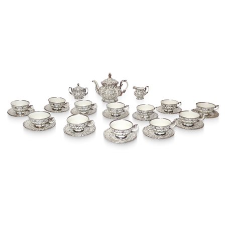 Bavaria - Servizio da tè da 12 decorato a mano con motivi floreali e profili in argento in stile barocco