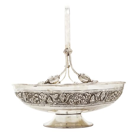 Alzata in Sheffield con manico e decoro a sbalzo