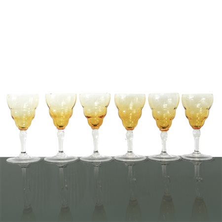 Sei bicchieri da liquore in vetro giallo, 20th century