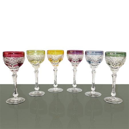 N° 6 calici in cristallo di Boemia colorato e molato