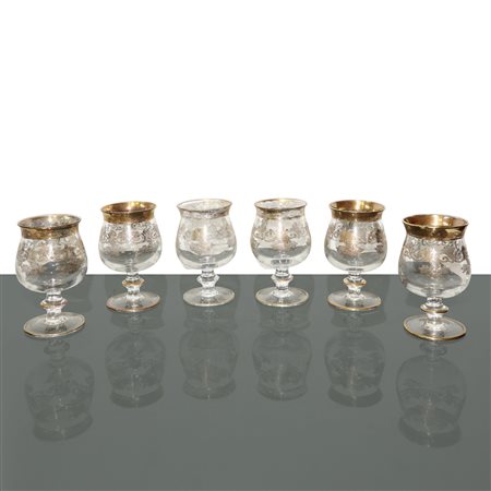 N°6 Calici da cognac in cristallo con decorazioni incise e bordi dorati