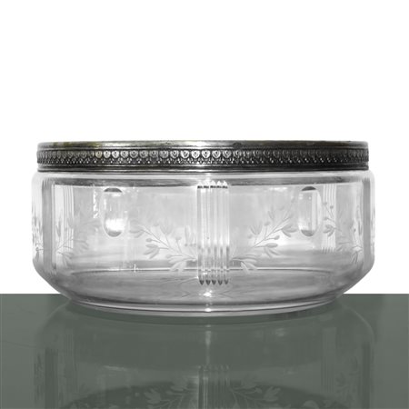 Centrotavola fruttiera in vetro serigrafato e metallo