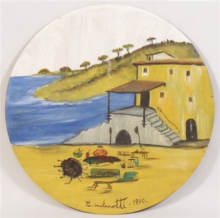 EMILIO MALENOTTI (1913-1999) Paesaggio marino con scorcio di casa 1990...