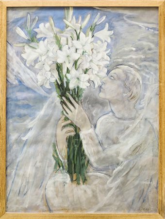 ELISABETH CHAPLIN (1890-1982) Angelo con gigli Anni Quaranta tempera e...