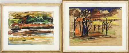 DINO CAPONI (1920-2000) Paesaggio lacustre e Lavoro nei campi due dipinti a...