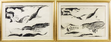 DINO CAPONI (1920-2000) Paesaggi 1958 coppia di disegni a carboncino su...
