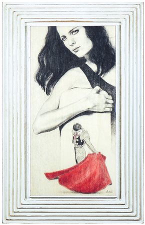GIANNI BELLINI Love in The Corrida 2003 tecnica mista su tavoletta, firmato,...