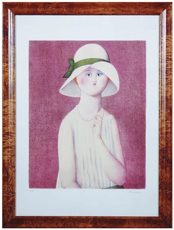 ANTONIO BUENO (1918-1984) Ritratto di donna con cappello litografia, prova...