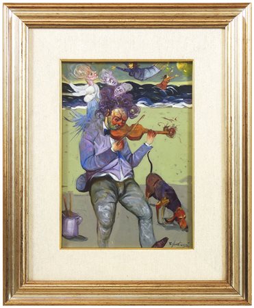 ROBERTO FONTIROSSI Paesaggio marino con violinista, cane e figure sullo...