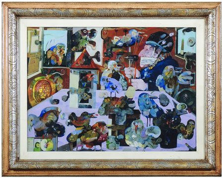 ANTONIO POSSENTI Allevamento di uccelli canori olio su tavoletta, firmato, al...