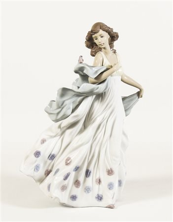 FIGURA IN PORCELLANA POLICROMA Lladró raffigurante una fanciulla con ampi...