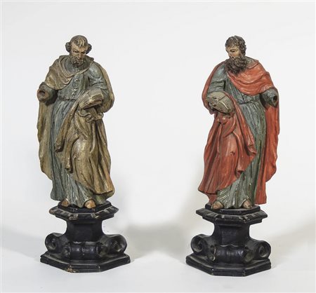 COPPIA DI SANTI IN LEGNO INTAGLIATO E DIPINTO Alto Veneto, XIX secolo su base...