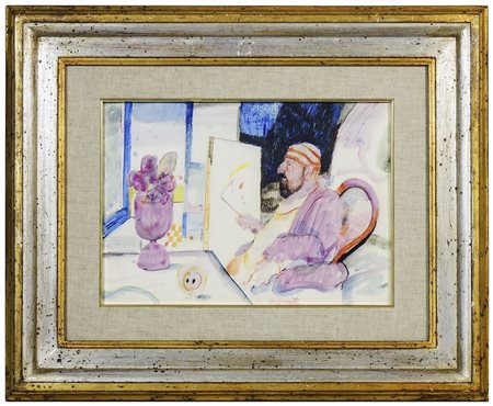 ANTONIO POSSENTI Veduta d'interno con autoritratto tecnica mista su cartone,...