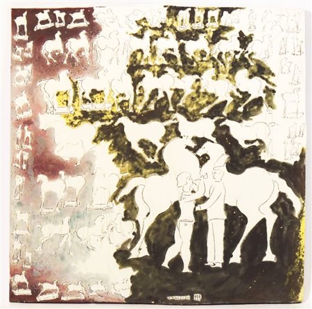 PAOLO STACCIOLI Composizione con cavalli e personaggi 1999 placca in ceramica...