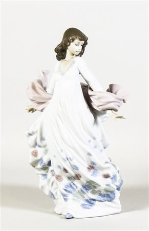 FIGURA IN PORCELLANA POLICROMA Lladró raffigurante una fanciulla con ampi...