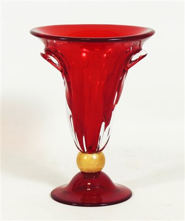 VASO A TROMBA IN VETRO SOFFIATO ROSSO Murano, Romano Donà sostegno sferico...