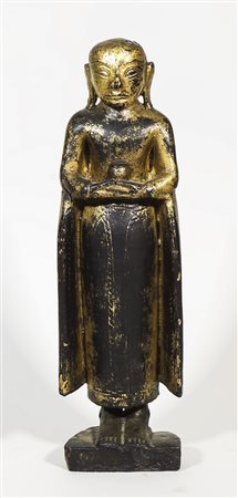 FIGURA ORIENTALE IN LEGNO LACCATO E IN PARTE DORATO difetti h cm 45 LACQUERED...